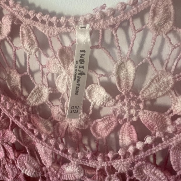 INDIA Tank Top Womens One Size Pink Crochet Fringe Floral Boho Festival Cropped - Picture 3 of 13